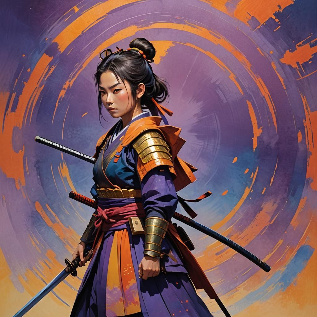 Confident Samurai Girl with Katana in Futuristic Armor