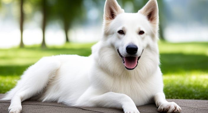 White Swiss Shepherd in Garden: Photorealistic Splash Art