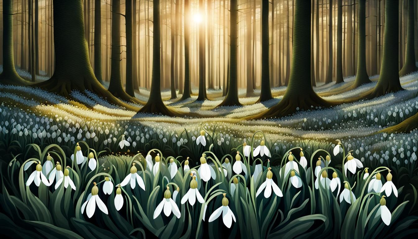 Snowdrops in Forest: Surreal Watercolor Painting