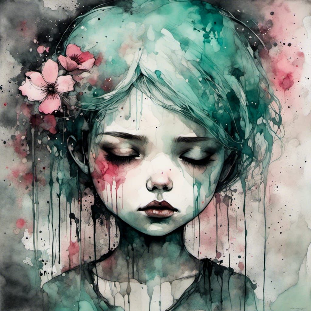 Grunge Punk Girl in Liquid Ink Watercolor Art