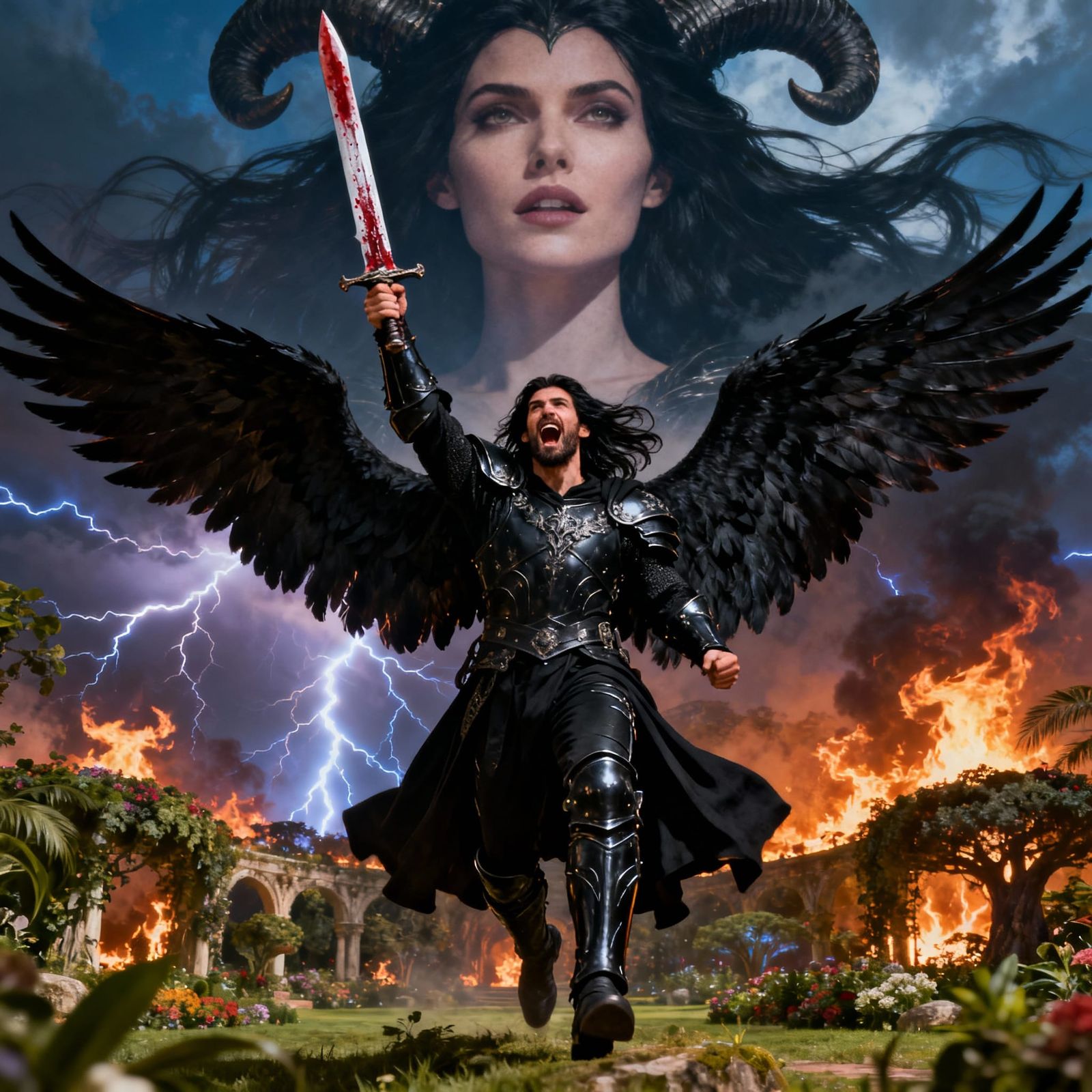 Triumphant Warrior Roars Amidst Burning Eden