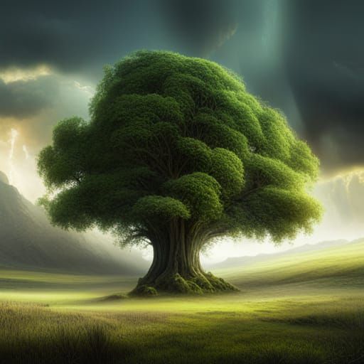 Epic Tree in Meadow: Detailed Digital Matte Painting