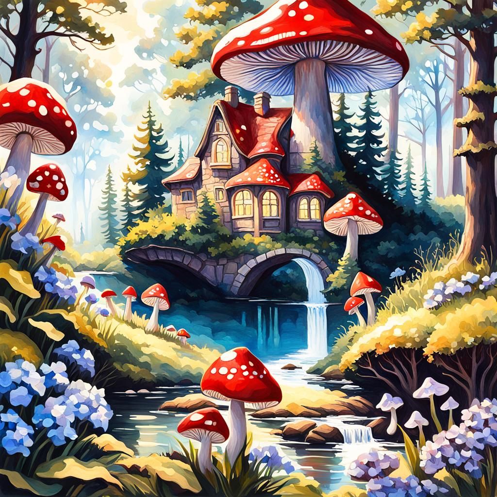 Crimson Toadstool House by Glowing River, Gouache Style