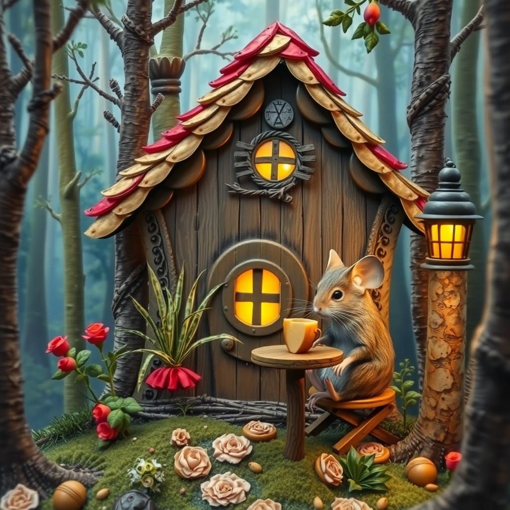 Enchanted Mouse Cottage in Whimsical Forest Scene