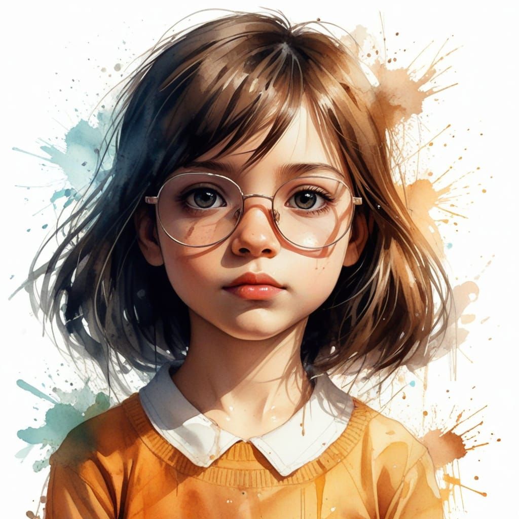 Watercolor Portrait of a Girl with Glasses