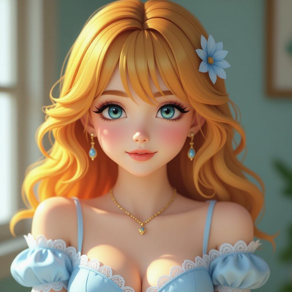 Anime Woman with Yellow Hair in Baby Blue Dress