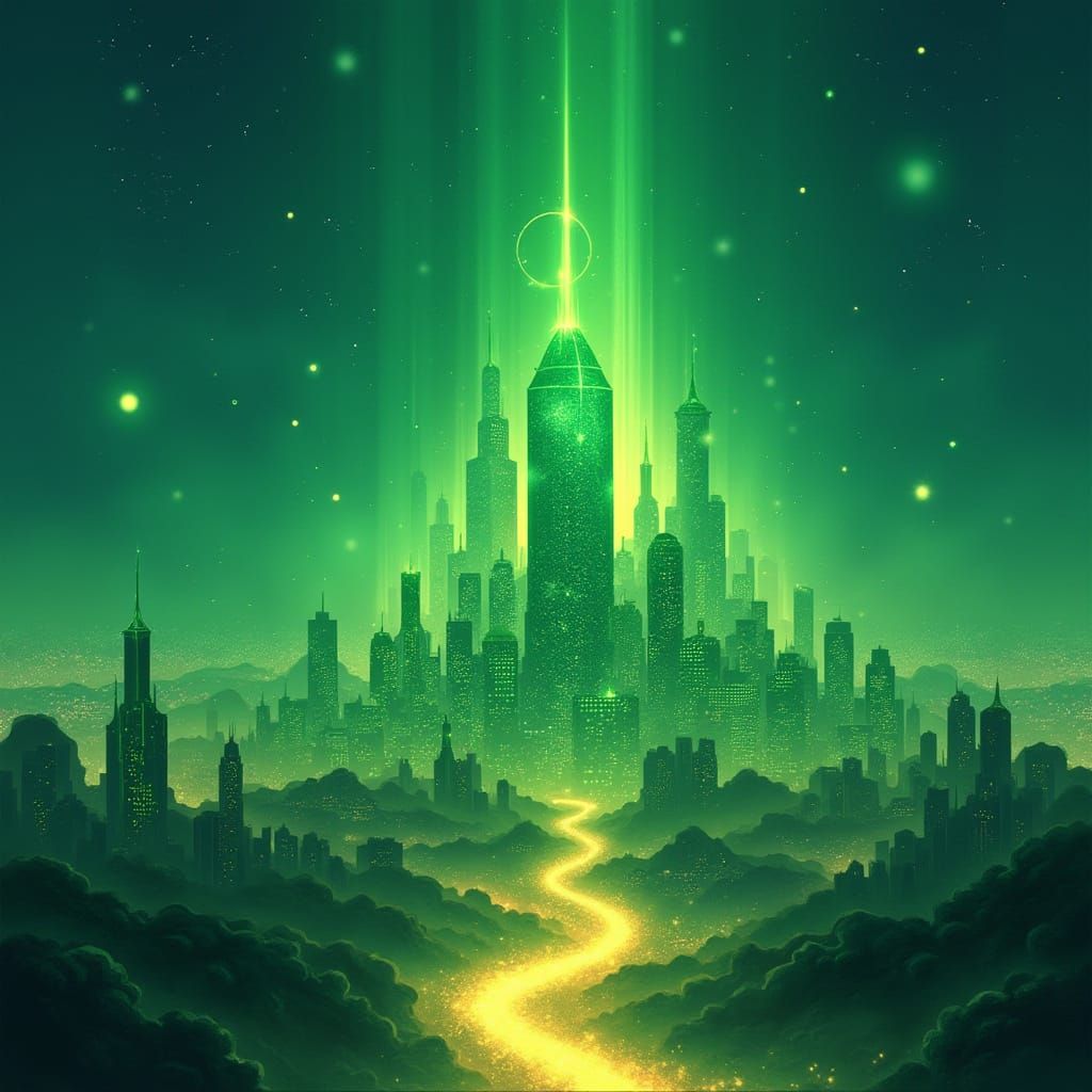 Whimsical Emerald Cityscape with Shimmering Light Beams