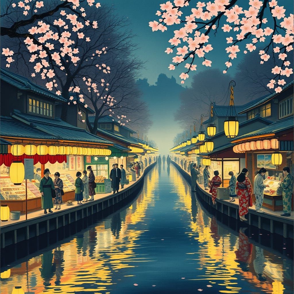 Japanese Night Market in Dreamy Ukiyo-e Style