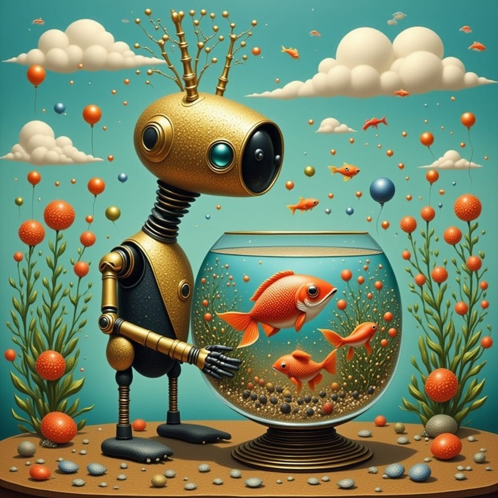Cute Robot Holding Fishbowl