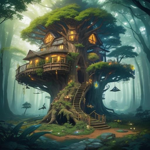 Epic Forest Elf Treehouse with Wolves: Digital Matte Paintin...