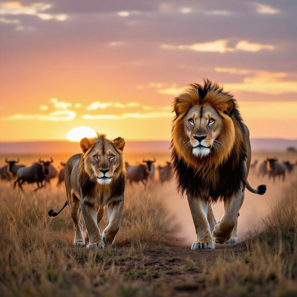 Lions on African Savanna at Dusk