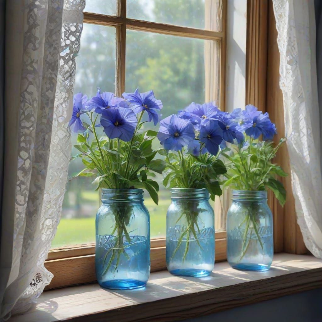 Watercolor Scene with Jars and Petunias on a Windowsill