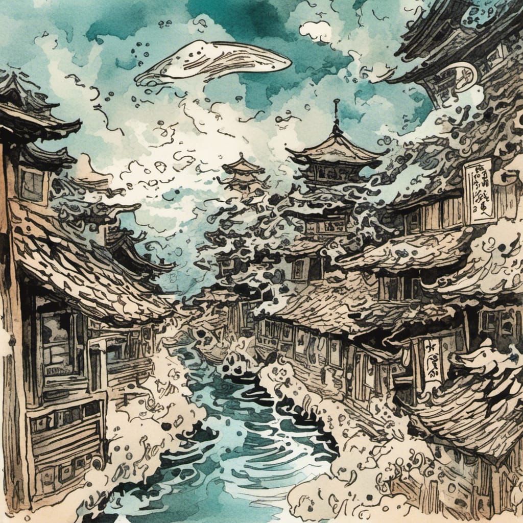 Surreal Ship-Hats in Flowing River Hair, Ukiyo-e Style