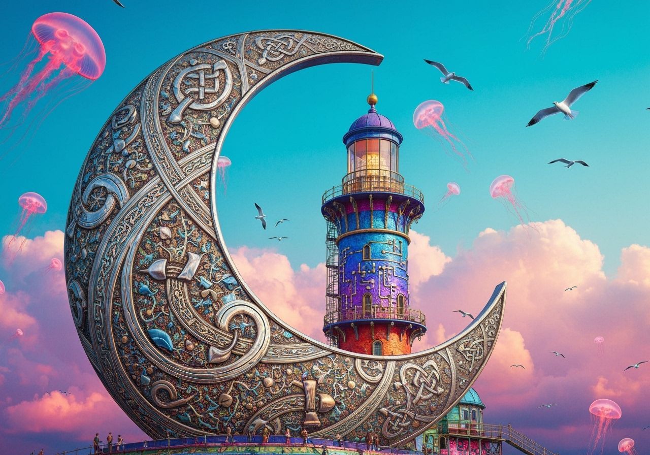 Steampunk Moon with Celtic Knots and Synthwave Lighthouse