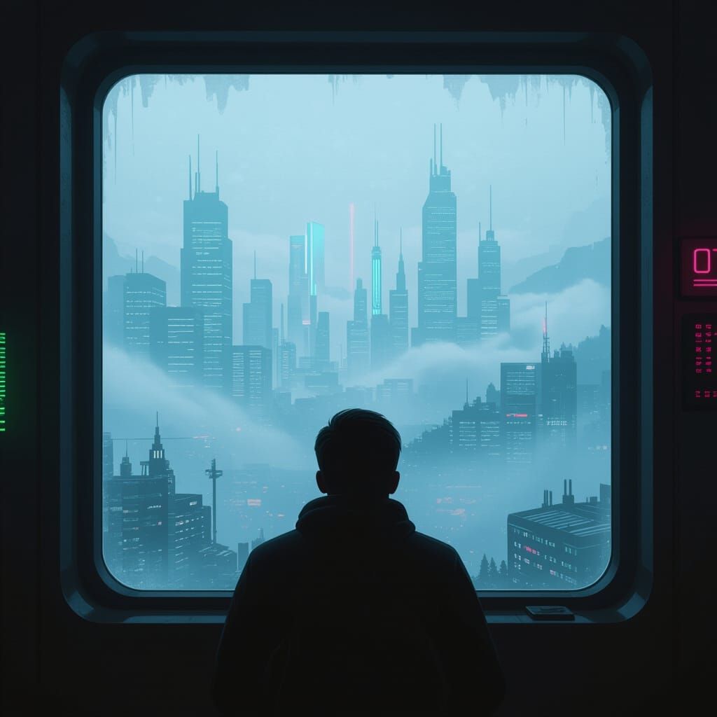 Hidden World Revealed Through Misty Window in Neon Style