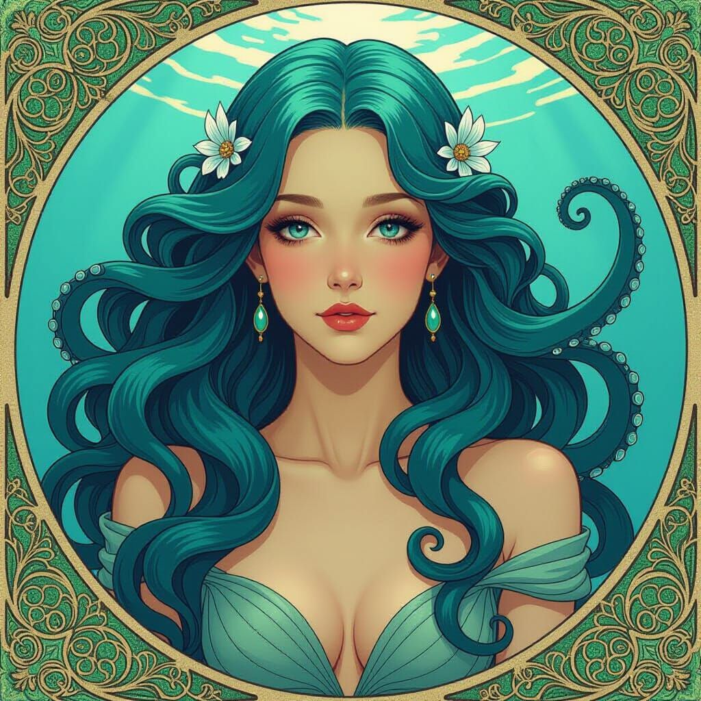 Mermaid Portrait Blending with Octopus Tentacles in Blues