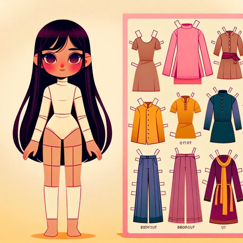 Paper Doll Girl in Bodysuit with Interchangeable Outfits