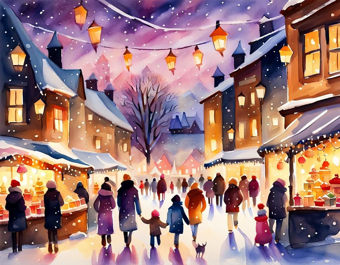 Cozy Christmas Market in Watercolor Winter Landscape