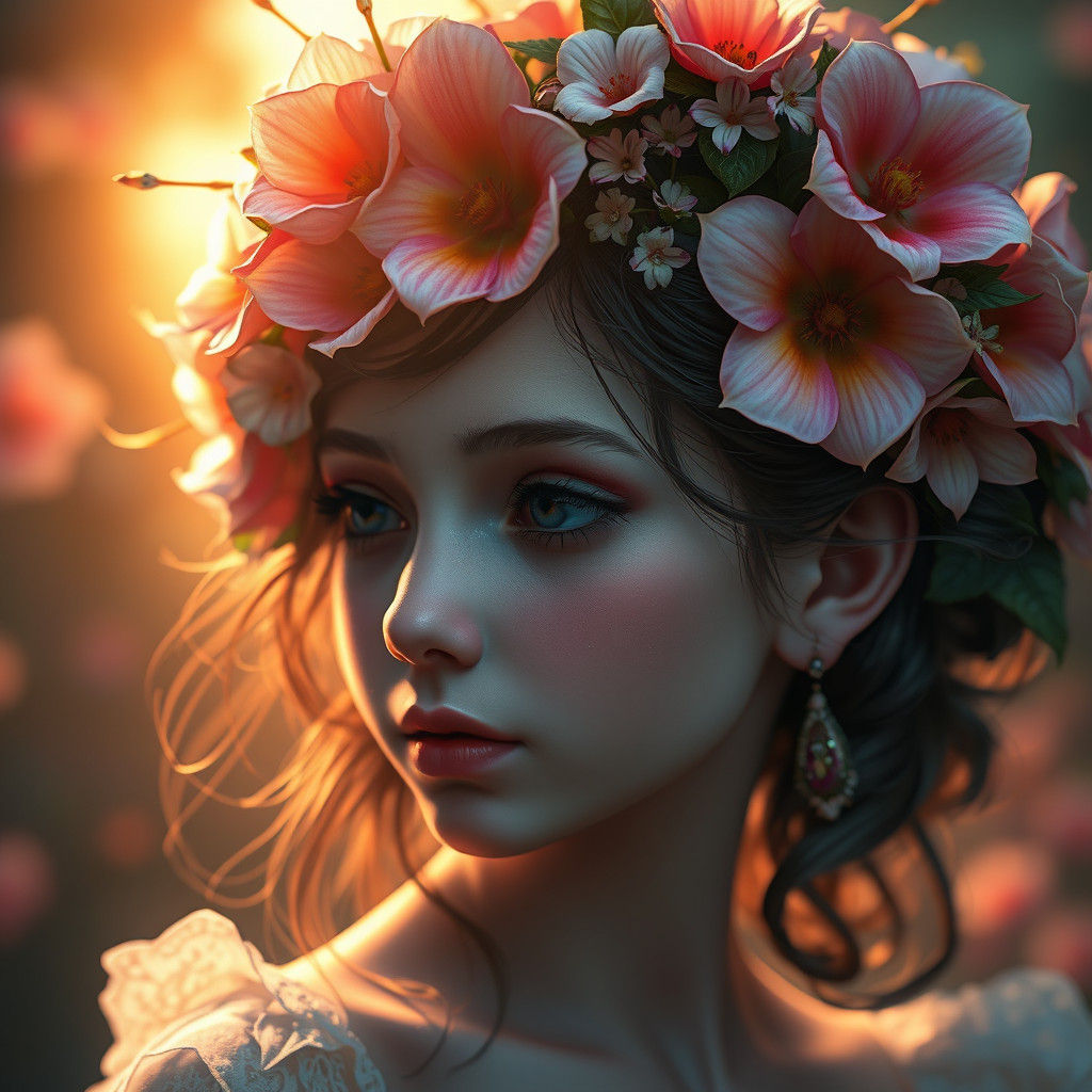 Enchanting Flower Girl Portrait in Art Nouveau Style