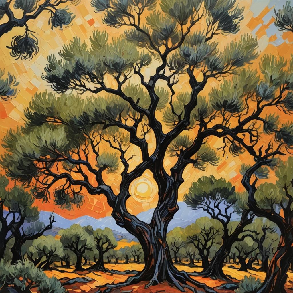 Olive Trees with Yellow Sky as Impasto Painting
