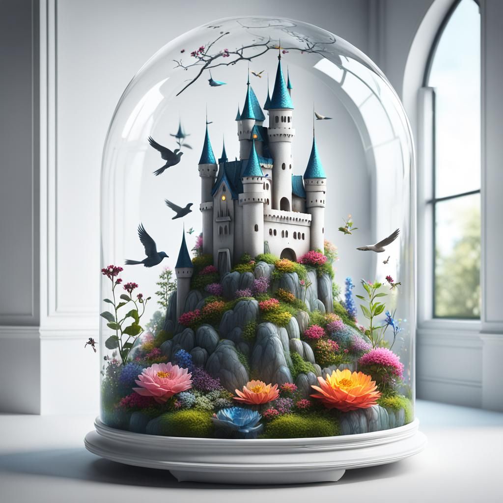 Mythical Castle Terrarium with Forest, Fantasy Concept Art