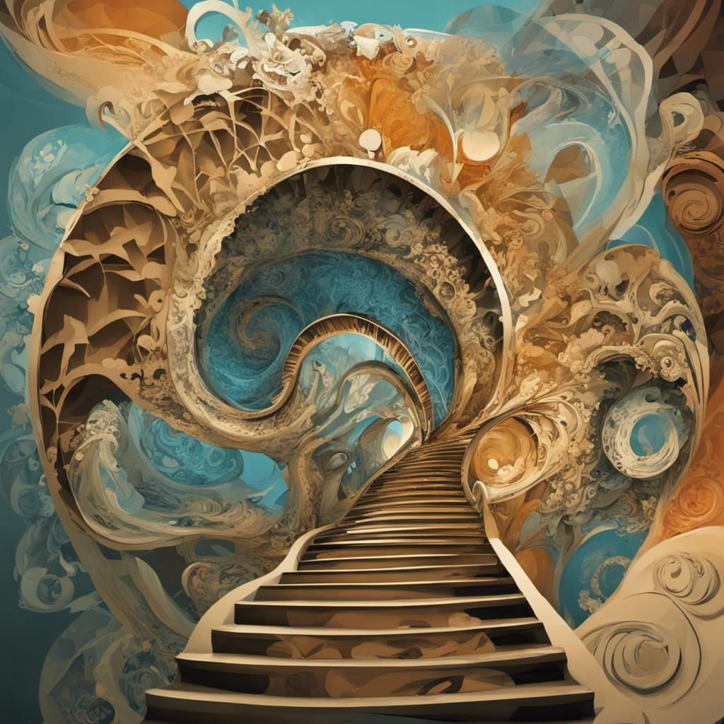 Surreal Spiraling Staircase World: Hyperdetailed Collage