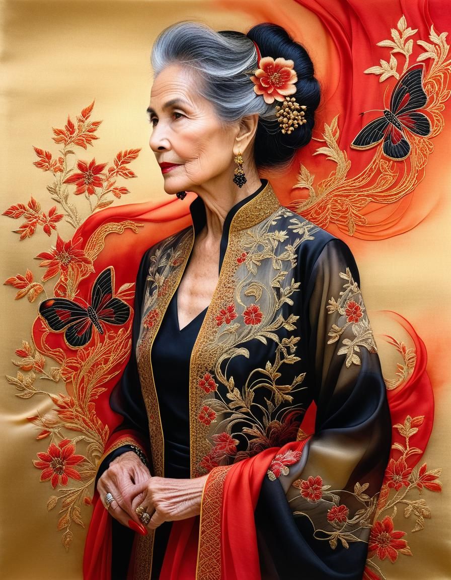Elegant older woman in an embroidered silk outfit