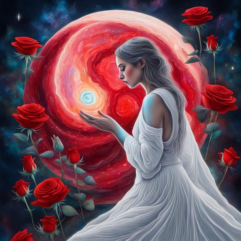 Woman on Moon Smelling Rose: Holographic Astral Illustration