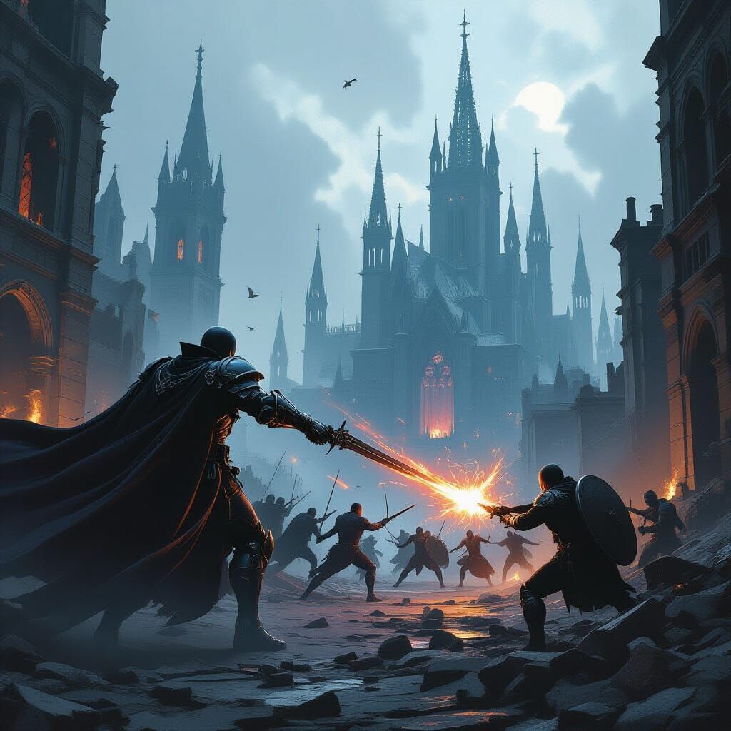 Vampire Legion Clash in Ruined Gothic Cityscape