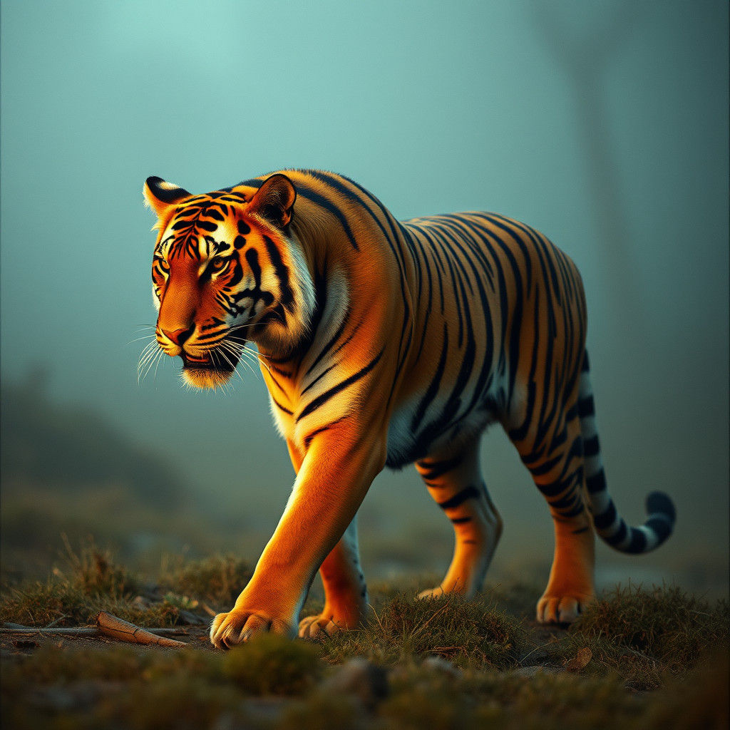 Majestic Tiger Walking Through Misty Cinematic Environment