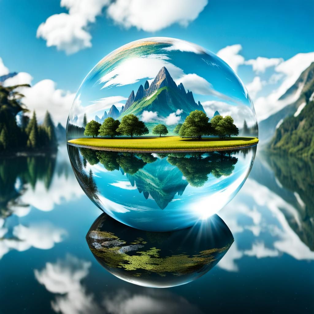 A floating crystal sphere of utopian world in the steam and ...