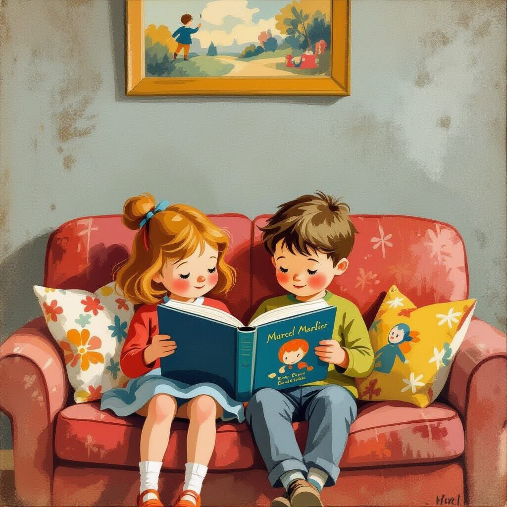Children Reading Book, Illustrated Style