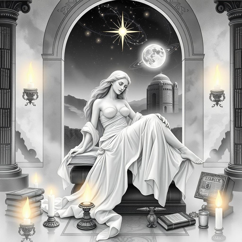 Aphrodite in Mystical Library, Watercolor Vector Art