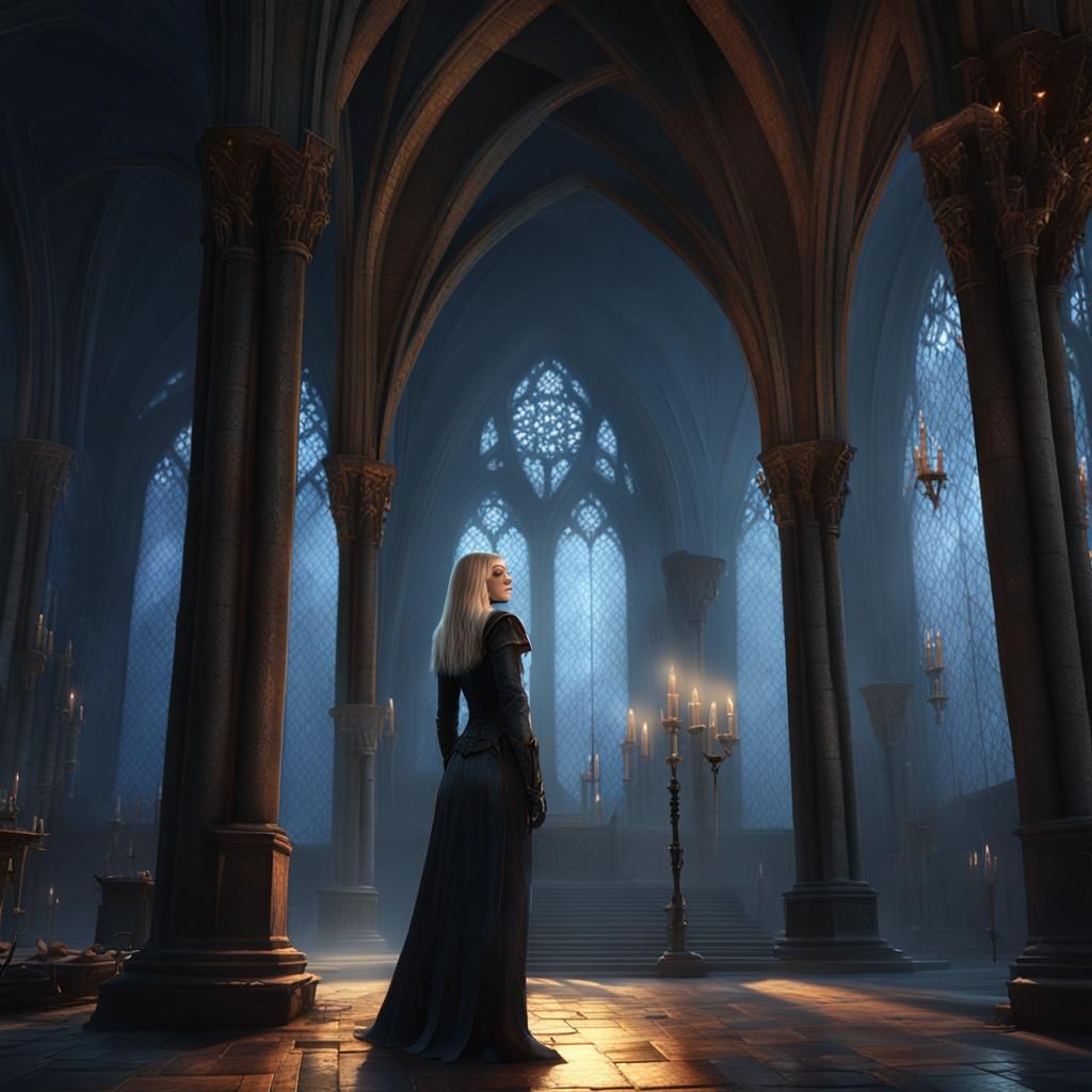 Blonde Vampire in Gothic Cathedral: Dark Fantasy Art