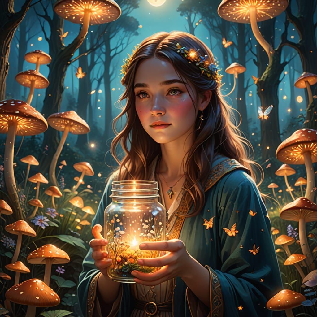 Whimsical Dreamer Amidst Enchanted Forest