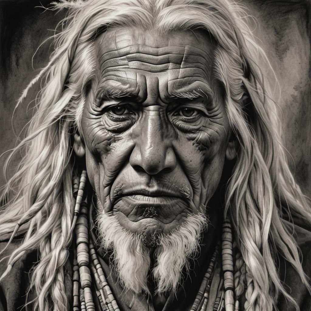 Detailed Charcoal Portrait of Native American Man