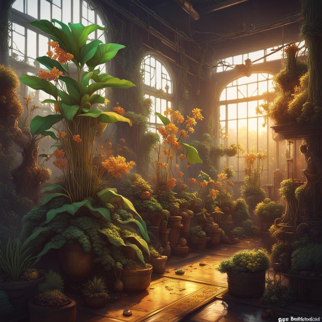 Magical Plants in Golden Hour, Digital Illustration
