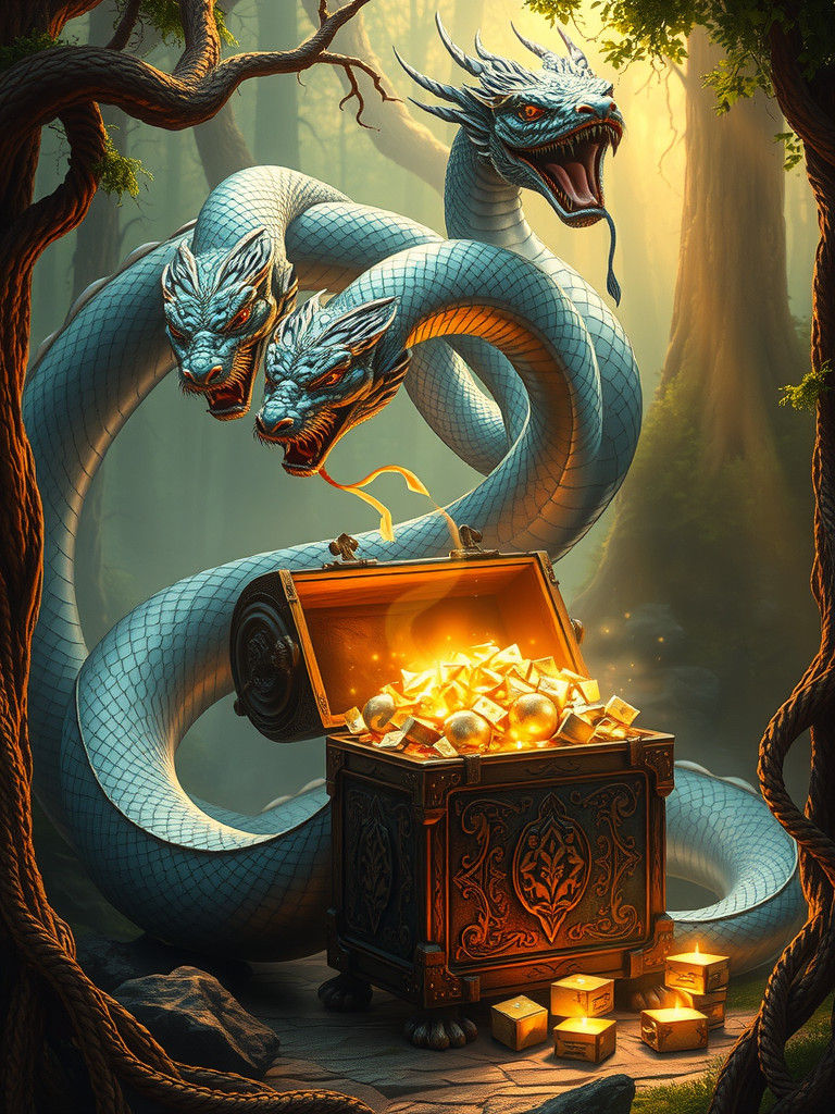Multi-Headed Serpent Guarding Treasure in Ethereal Forest