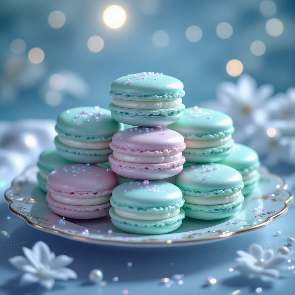 Iridescent Mermaid Tears Macarons in Ethereal Moonlight