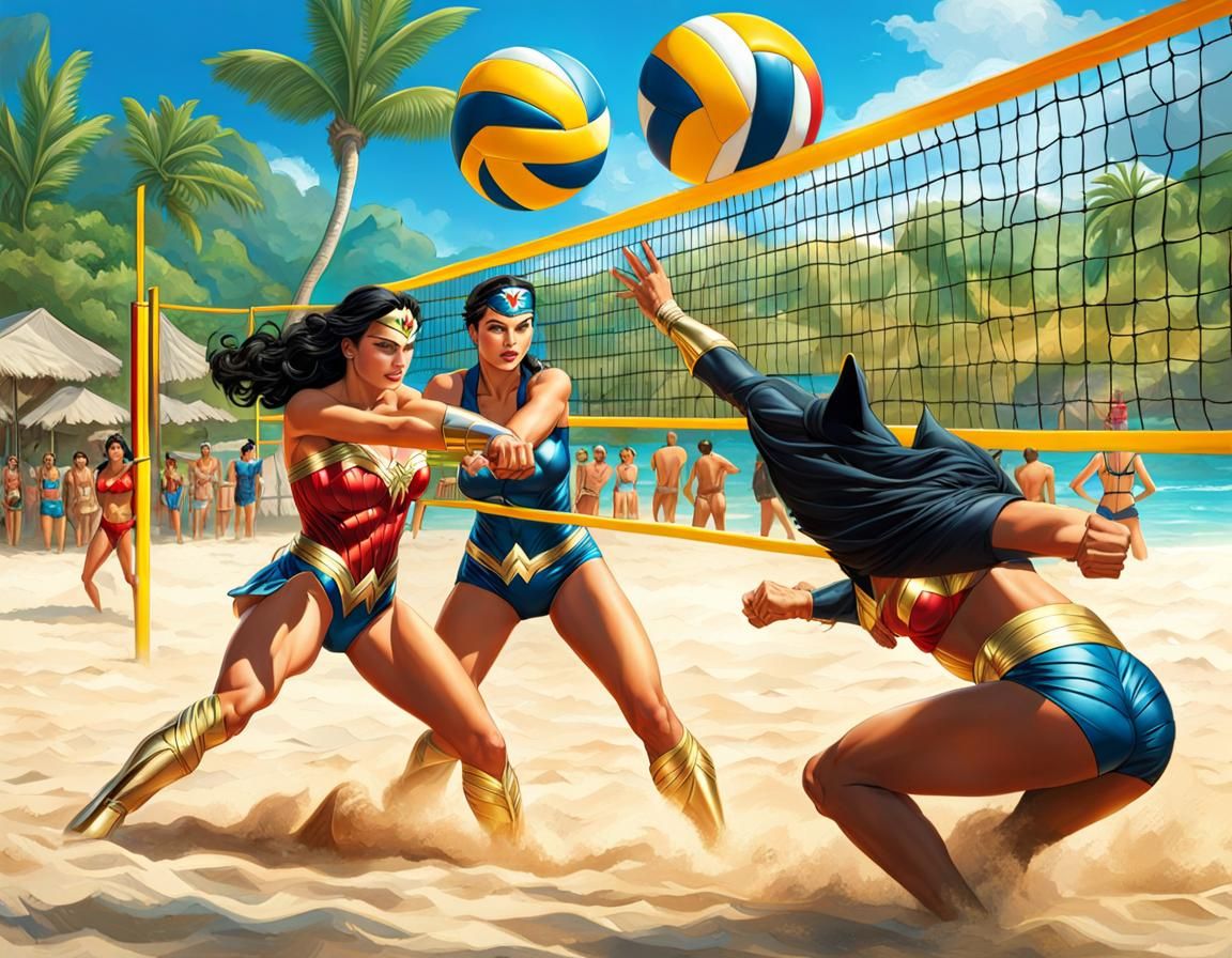 Wonder Woman and Catwoman Play Beach Volleyball