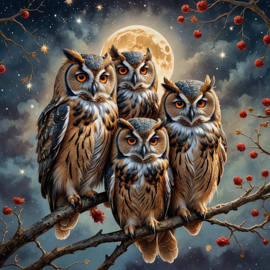 Colorful Owls Gazing at Night Sky: Digital Art