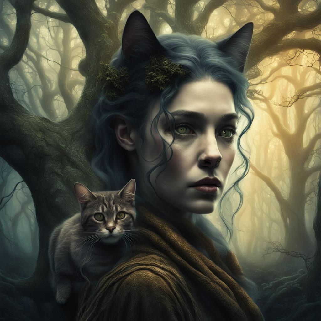 Mystical Woman with Cat Features in Dreamlike Forest