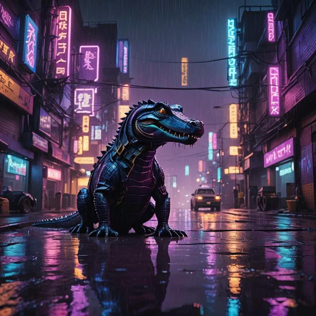Construction Alligator Inspects Leak in Cyberpunk Cityscape