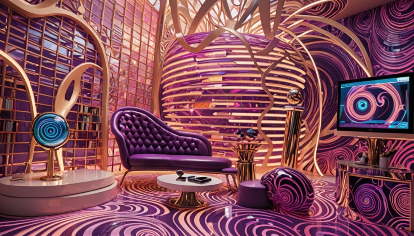 Psychedelic Common Room with Swirling Patterns and Neon Ligh...