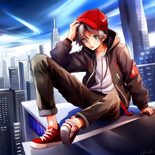 Anime Boy in Oversized Hoodie, Digital Art