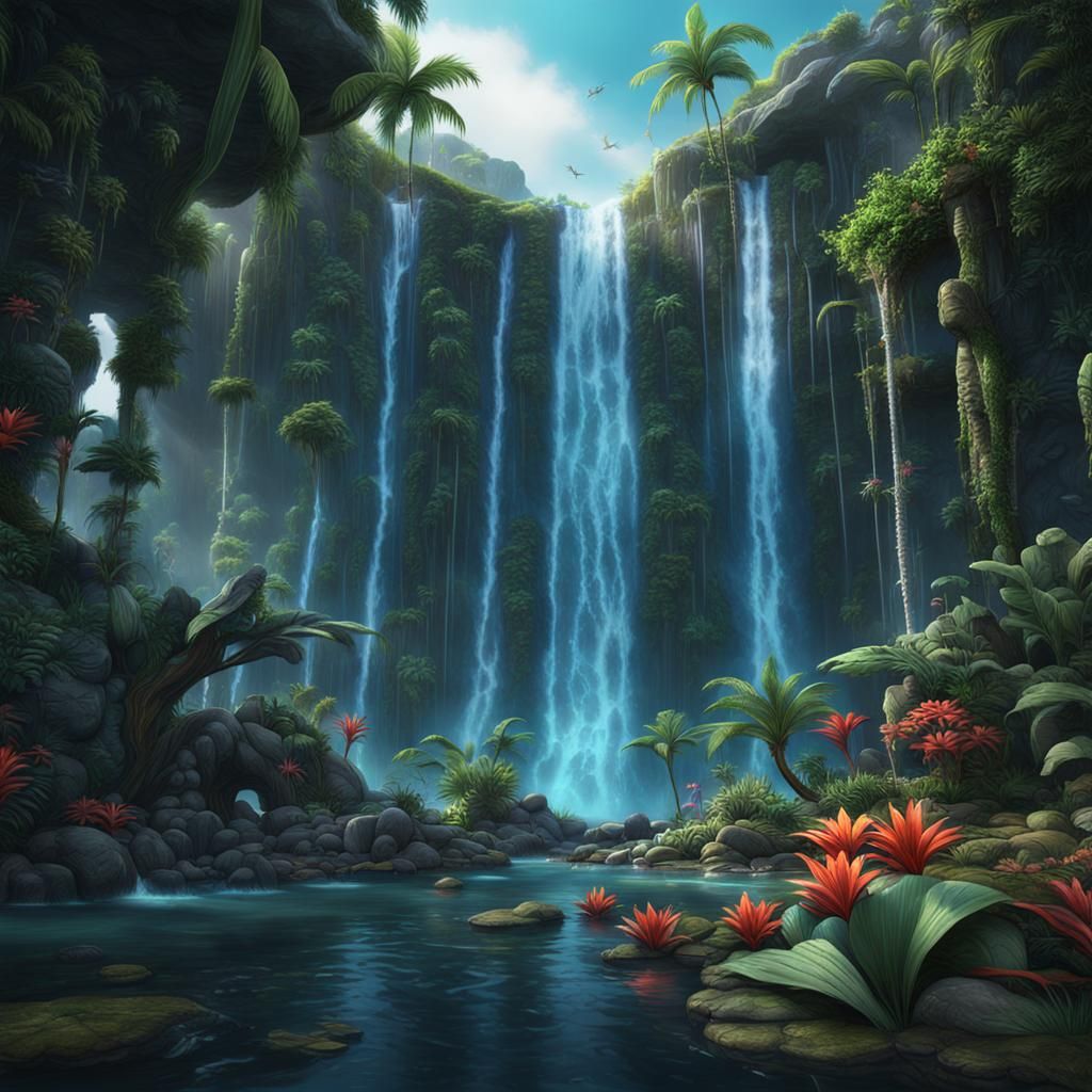 Lush Tropical Waterfall Fantasy Art