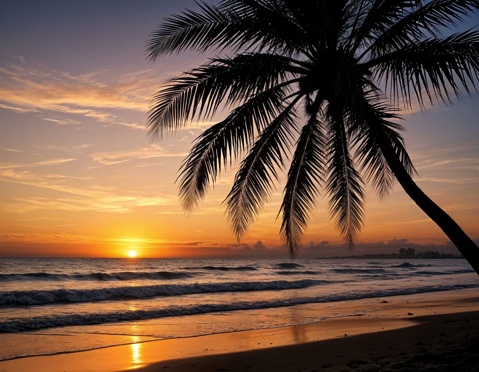 Vibrant Sunset Over Ocean with Palm Silhouette