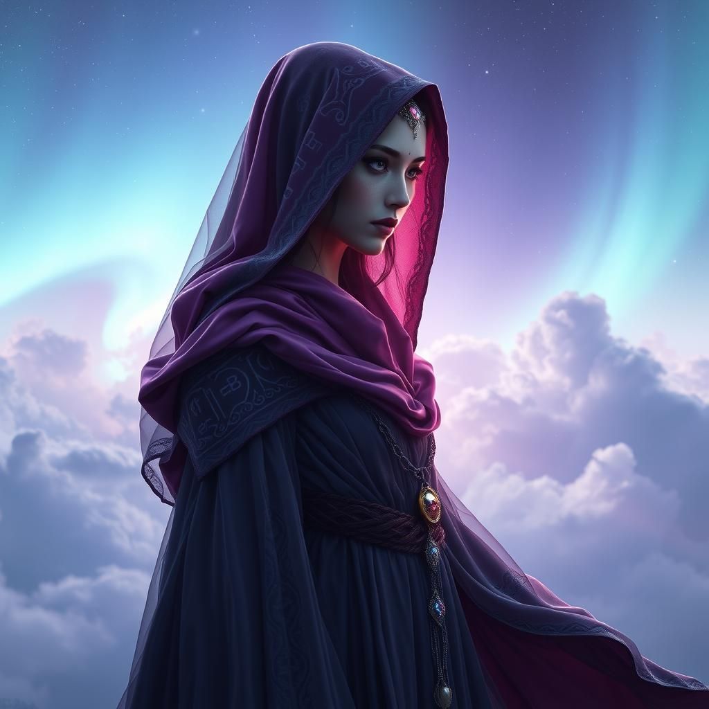Mystical Woman at Aurora Borealis in Ethereal Sci-Fi Style