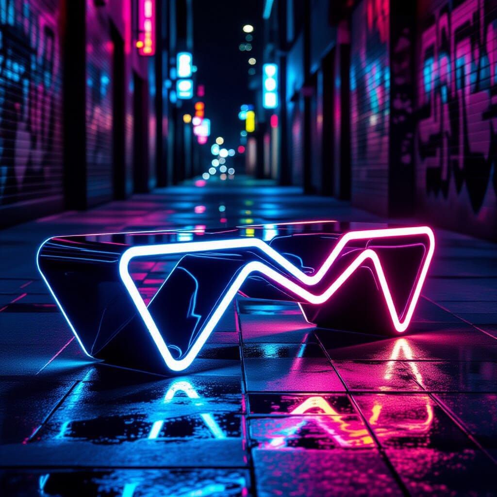 Futuristic Neon Glass Bench in Cyberpunk Alley