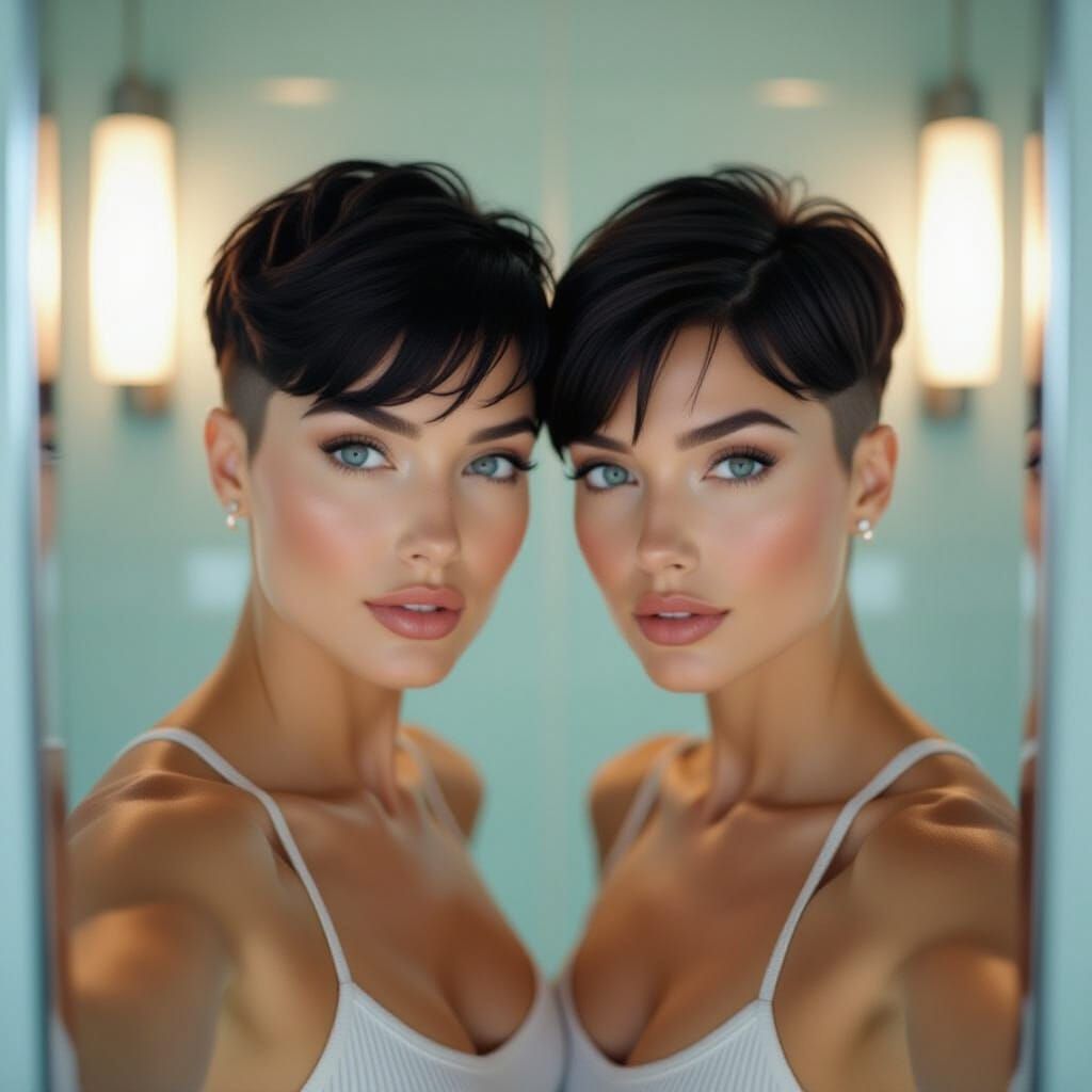 Woman's Mirror Selfie in Minimalist Bathroom, Cinematic Ligh...